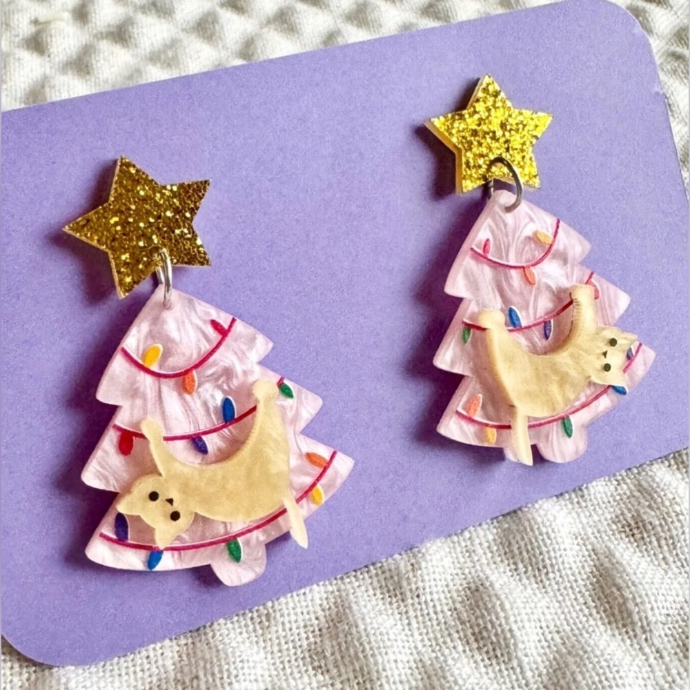 New Pink Christmas Tree w/ White Cat Pearlescent & Glitter Acrylic Earrings - 2” - Picture 2 of 6